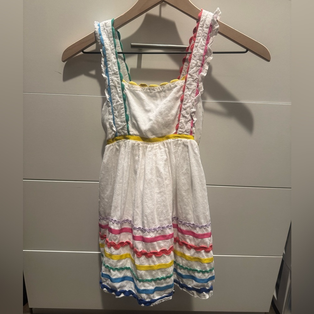 Mini Boden Lined Rainbow Striped Smocked Dress Size 5-6Y